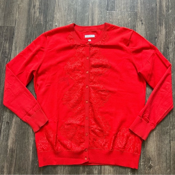 Marie Lund Vtg Red Long Sleeves Button Lace Knit Cardigan Sweater Holidays XL - Picture 6 of 14